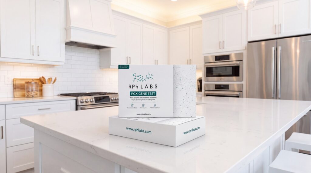 RPh Labs PGx gene test kit box and prepaid mailer on a kitchen island