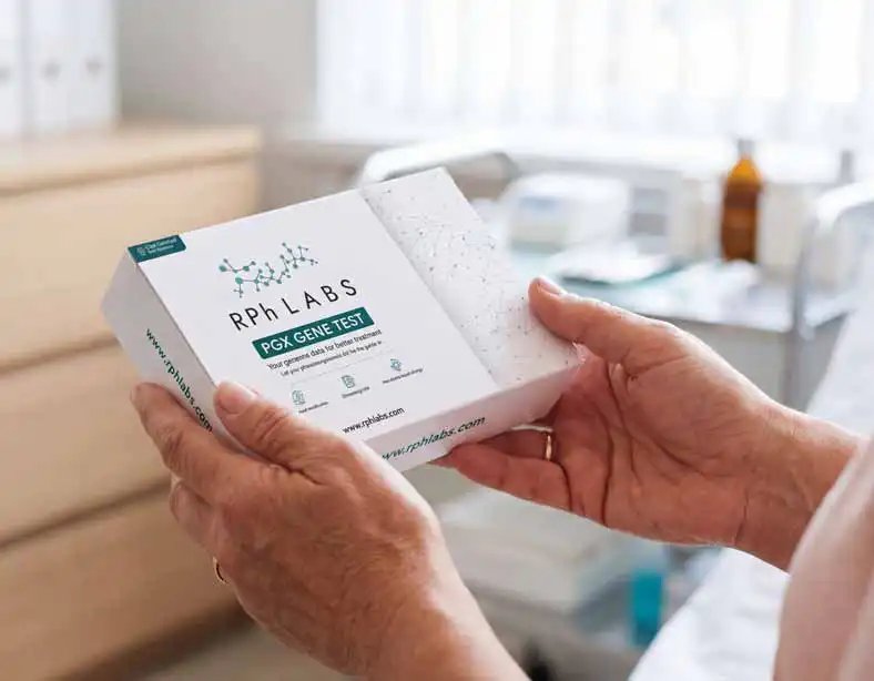 Pharmacist at RPh Labs holding a PGx test kit while providing pharmacogenomic testing support