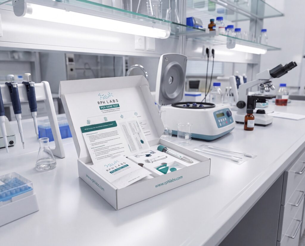 RPh Labs PGx gene test kit on a laboratory bench