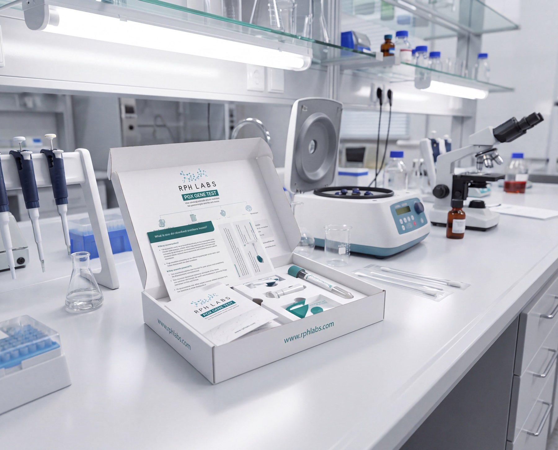 RPh Labs PGx gene test kit open on a laboratory bench